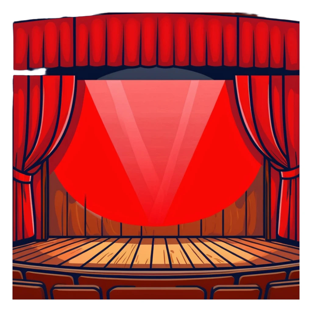 dramatic theater stage with red curtains drawn to sides, wooden planks, and bright spotlight in middle sticker