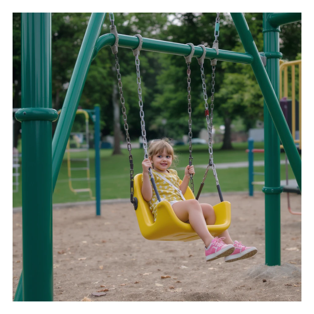 realistic playground swing-set, green frame, one yellow seat, subtle shadows sticker