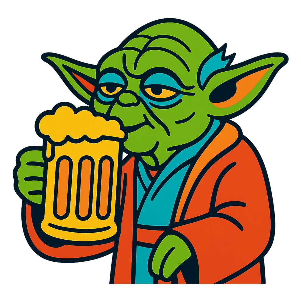 Yoda drinking a beer, expressive illustration style, vibrant colors sticker