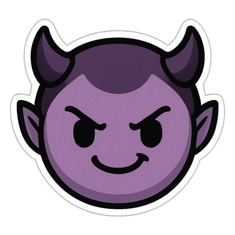 devil emoji in chibi style with gothic palette black and purple, tiny horns, cute but mischievous expression sticker