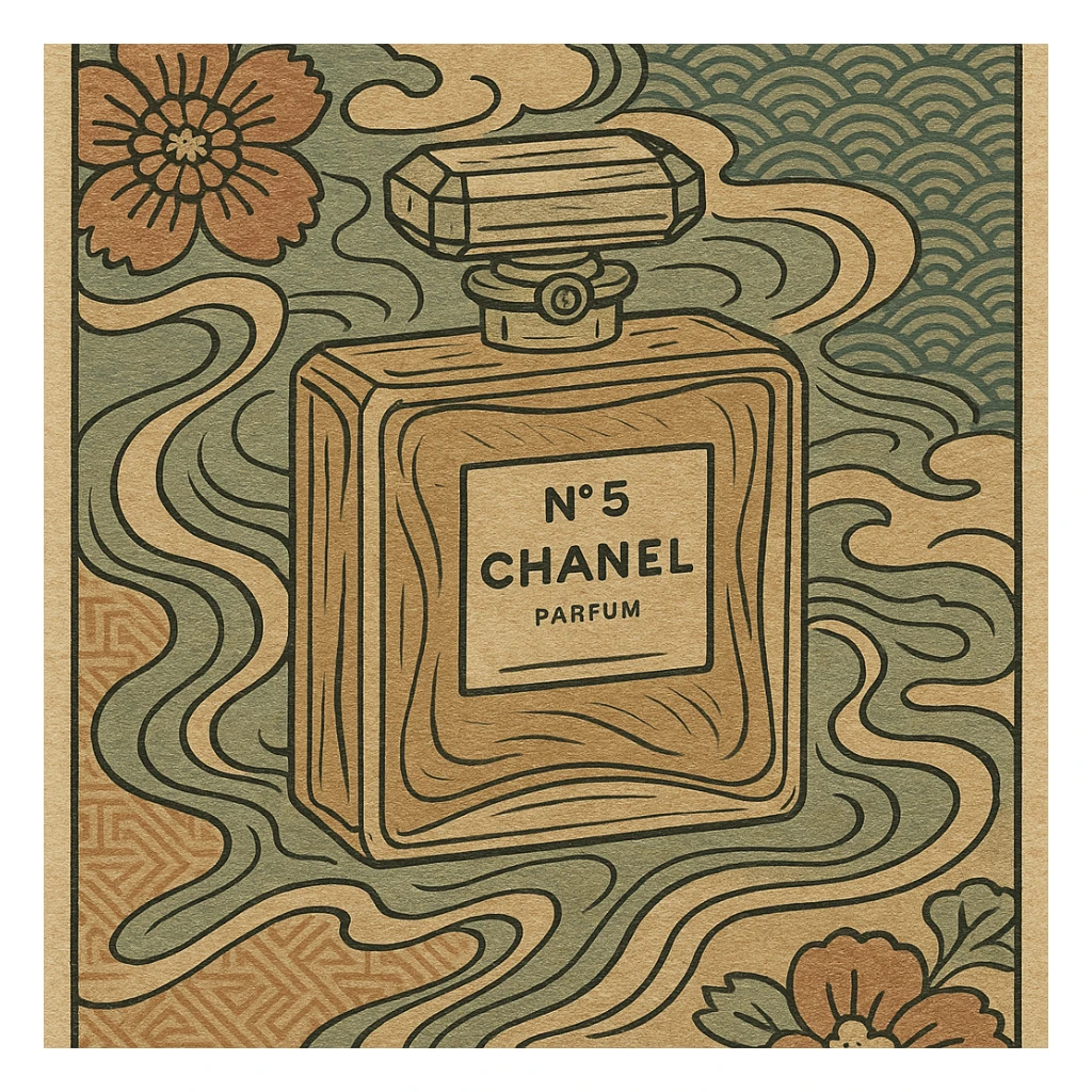 Chanel perfume bottle in ukiyo-e Japanese art style, traditional brushwork, elegant composition sticker