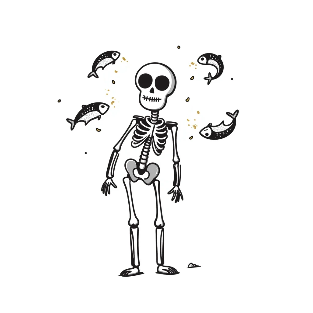 Ethereal skeleton in firm posture with floating sardines, bright yogurt, and golden sesame seeds around it, white light threads connecting the foods to the bones sticker