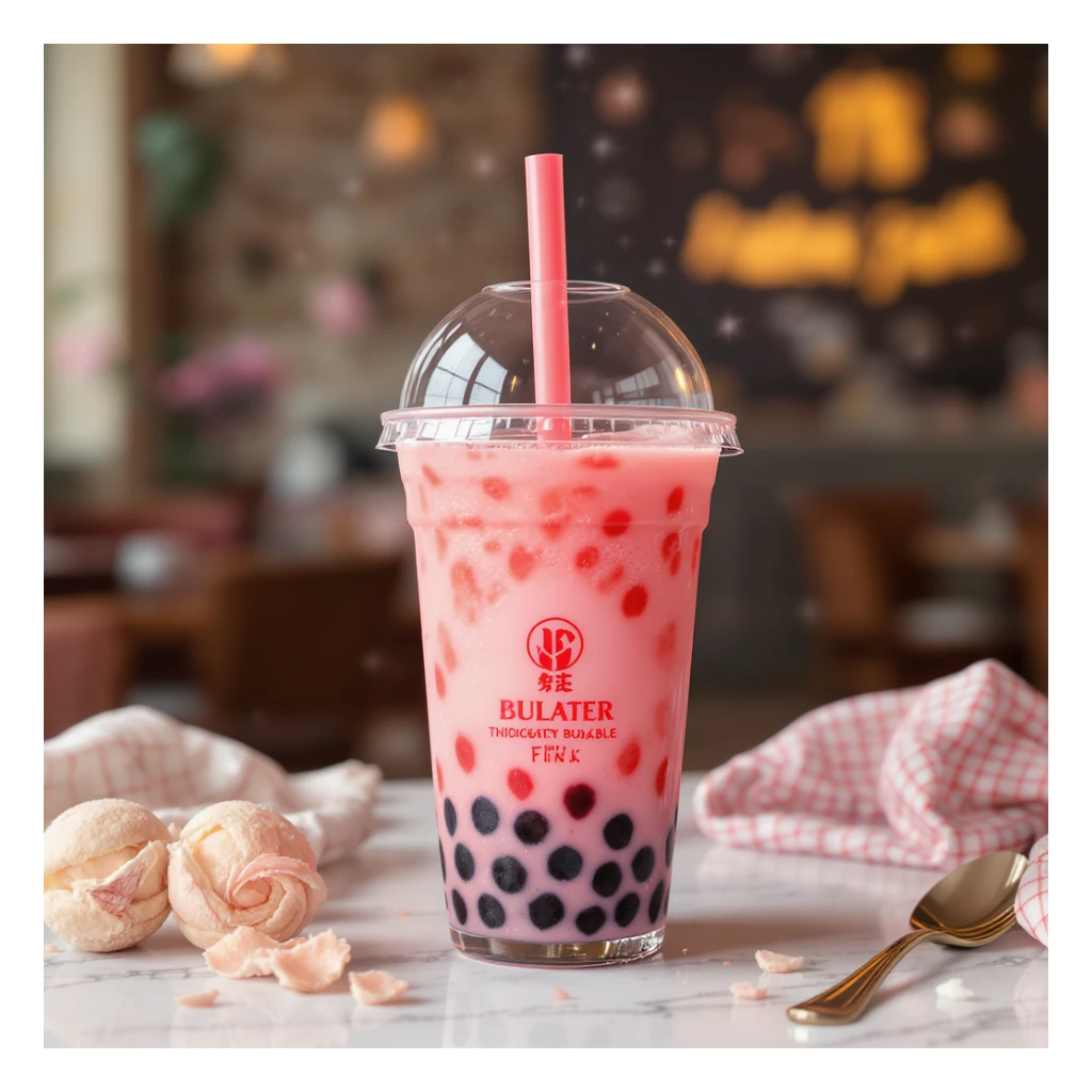 photorealistic elegant pink bubble tea with a cute straw, no background sticker