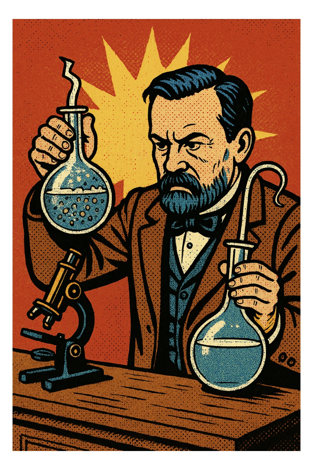 A victorian scientist like Louis Pasteur experimenting with two glass swan neck flasks.  One of the flasks has a broken top and contains lot of bacteria in water.  The other flask is sealed and contained clear water.  There is also a microscope on Pasteur's desk. sticker