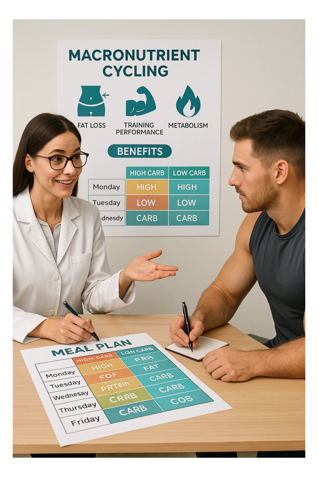 a nutritionist explains to an athlete how to cycle macronutrients for fat loss and training. On the desk, a weekly meal planner shows alternating high-carb and low-carb days, with color-coded sections for proteins, fats, and carbs. The athlete takes notes, and a chart in the background illustrates the benefits of nutrient cycling. The mood is professional and educational. scritto in italiano sticker