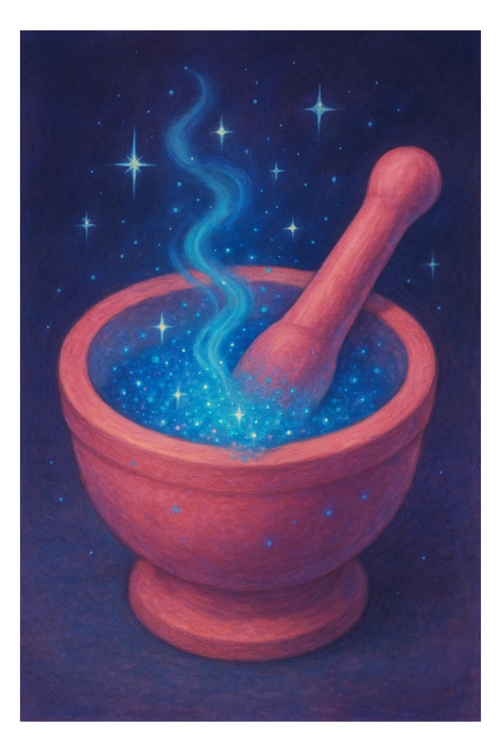 a pink mortar and pestle, blue fairy dust being ground, magical, no text sticker