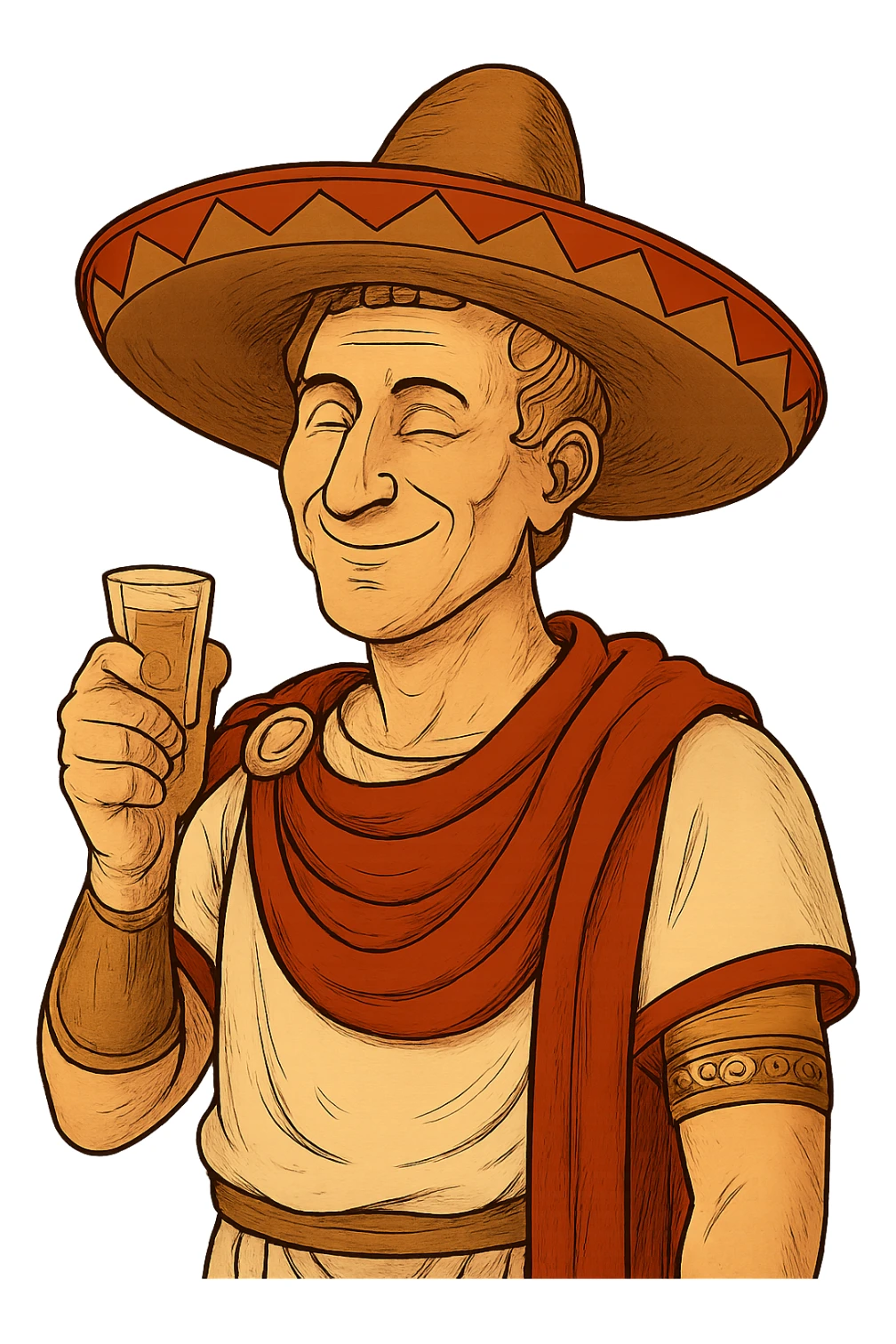 Используя такую стилистику сгенерируй довольного Императора Цезаря с мексиканской шляпе на голове и держащего в руках стопку текилы, прозрачный фон sticker