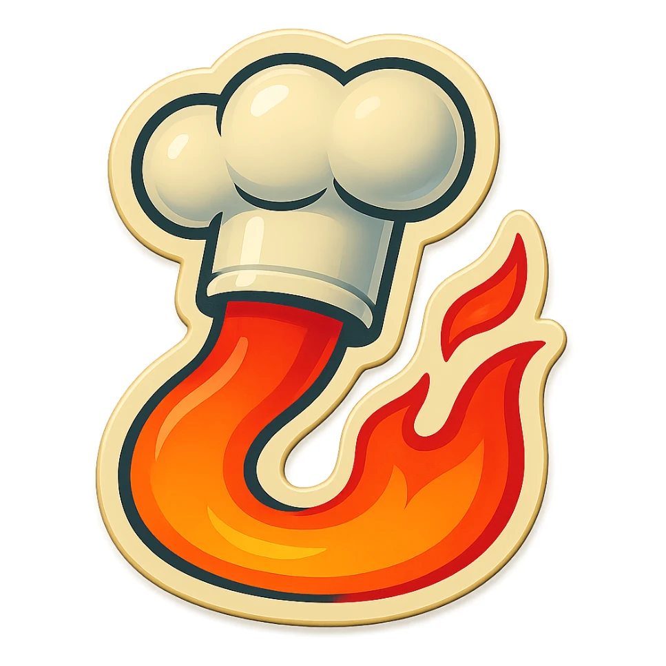 chef's hat pumping with a trail of fire emoji, playful, flame red gradient, hat is white, vibrant, flame matching style reference file sticker