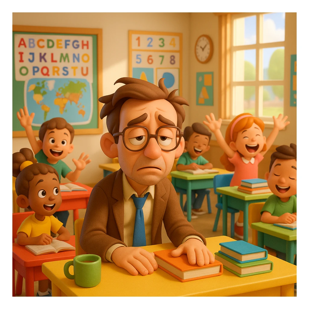 3d cartoon art of a exhausted teacher in a bustling classroom sticker