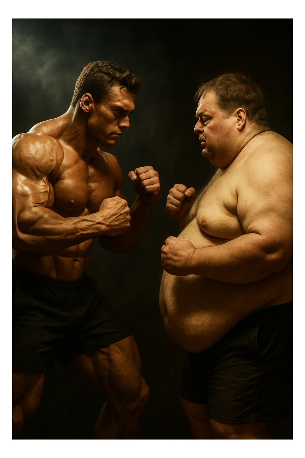 realistic style muscular bodybuilder in a fighting pose facing a figure representing body fat, dramatic atmosphere, 2:3 aspect ratio sticker