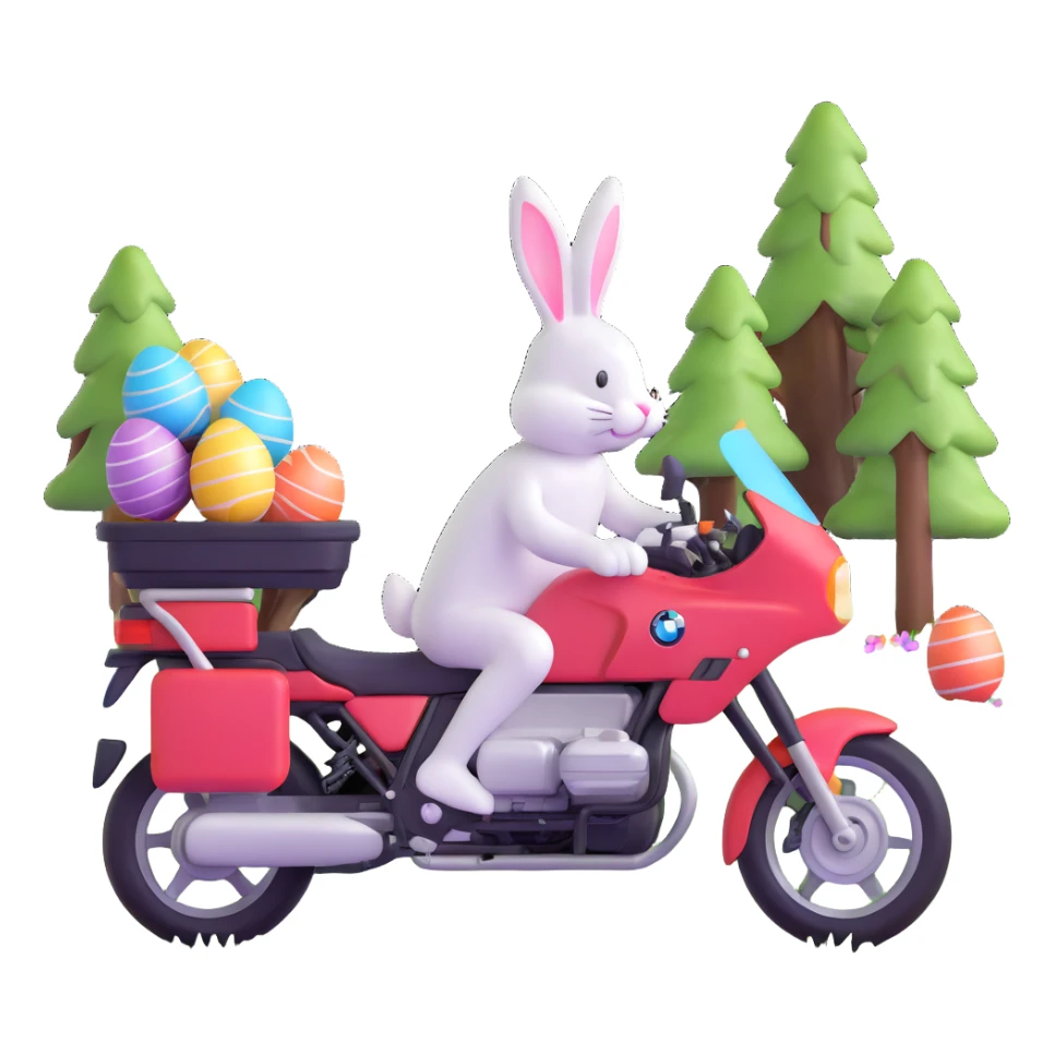 Easter bunny riding a BMW boxer motorcycle with trees and grass in the background, colorful Easter eggs hidden in the grass, and more bunnies watching from the side of the road sticker
