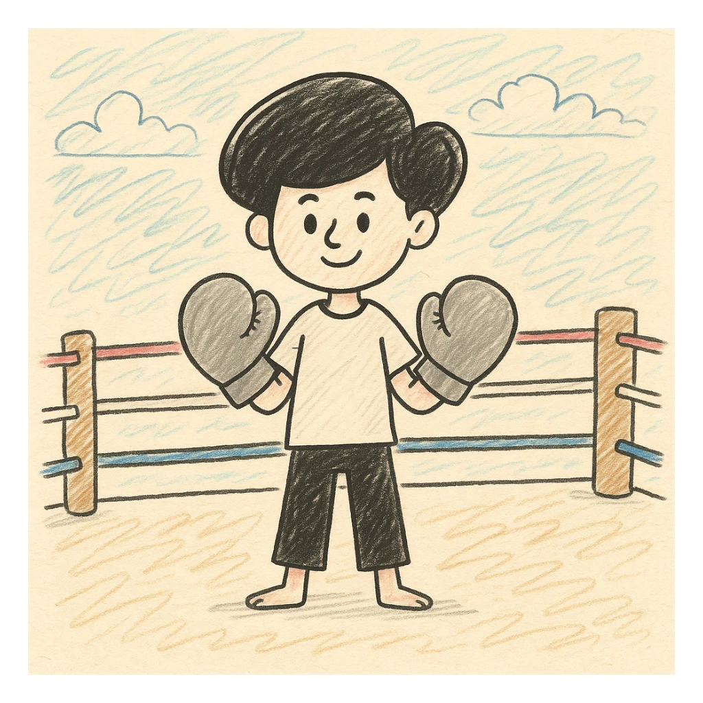 Add a boxing ring background to the boy with boxing gloves in doodle style, hand drawn and sketchy with playful lines and soft colors. sticker