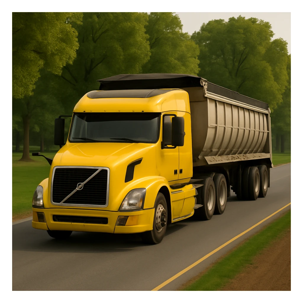 Turn the yellow Volvo sleeper semi truck with a large end dump trailer around so it is facing toward the viewer, with more trees in the background, in a realistic style. sticker