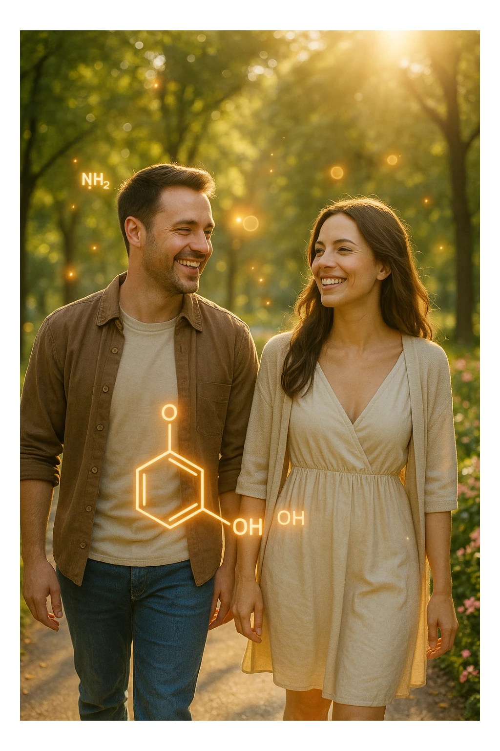 a smiling man and woman walk together along a sunlit park path, surrounded by green trees and blooming flowers. Sunbeams gently illuminate their faces, and subtle, glowing dopamine symbols float around them, symbolizing natural, healthy pleasure. The mood is uplifting and serene. sticker