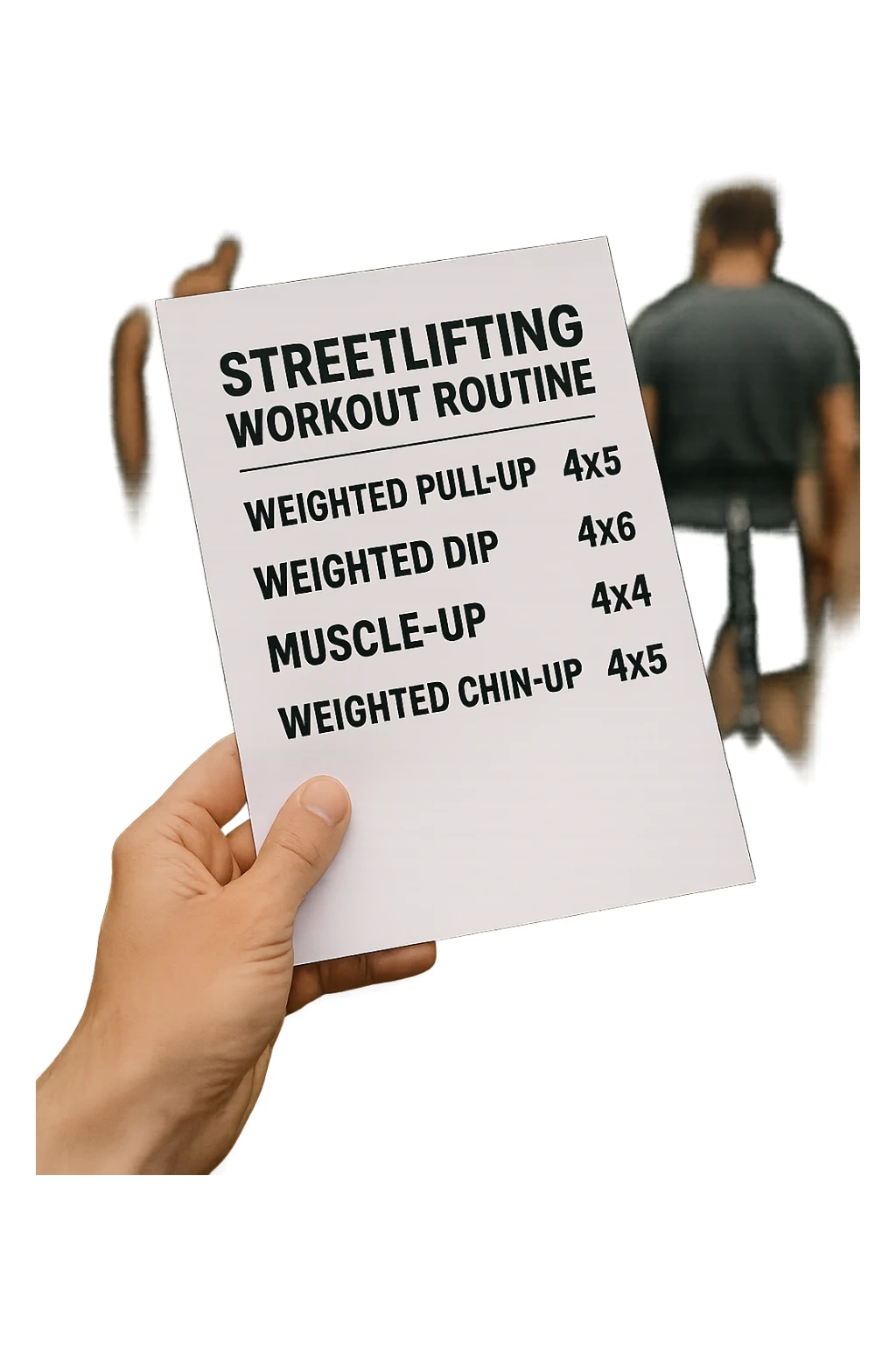 a close-up of a hand holding a printed streetlifting workout routine, with the exercises and sets written in bold text. In the background, an outdoor gym with pull-up bars, dip stations, and athletes wearing weighted belts. The lighting is natural, and the mood is motivational. sticker