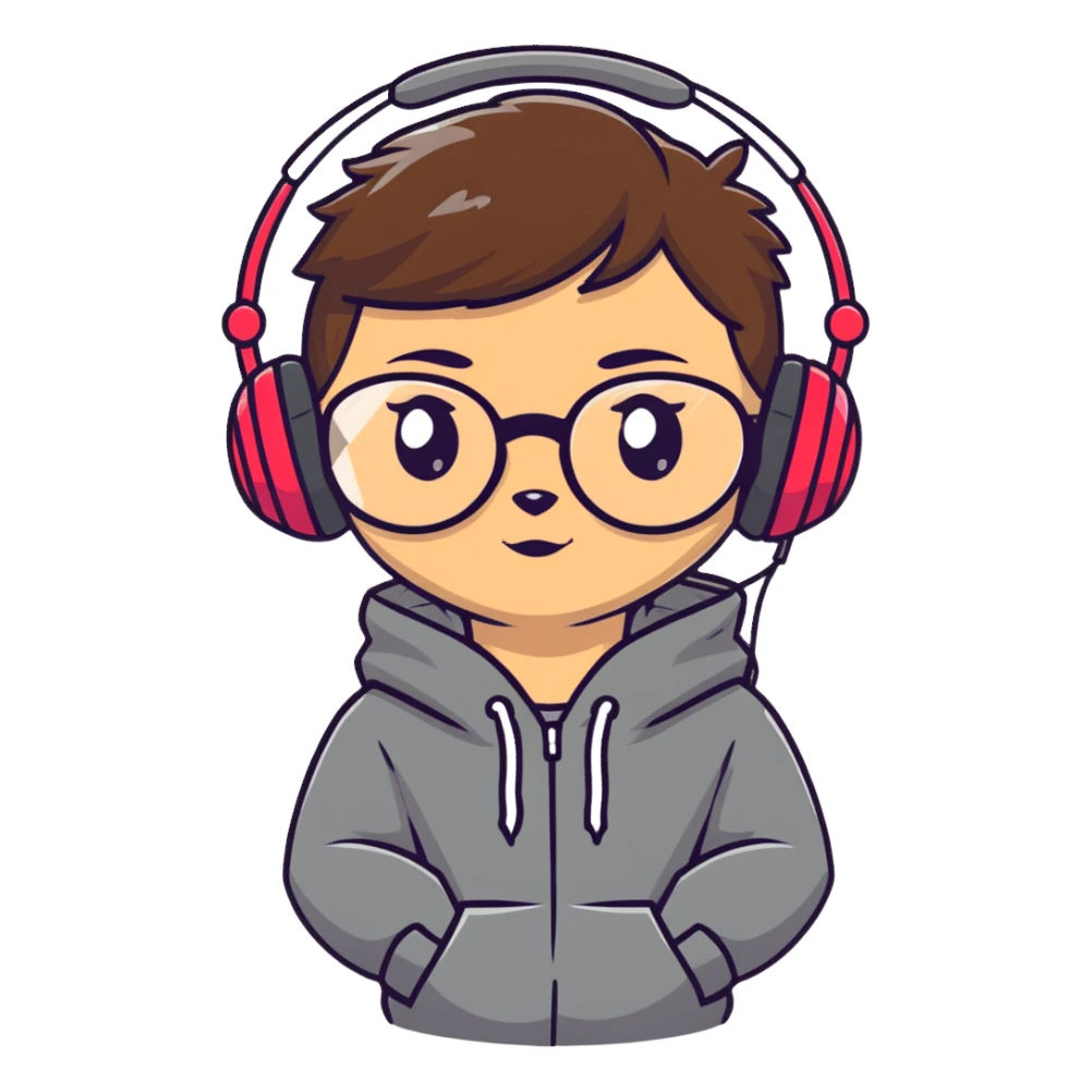tan brunette girl with a short wolf haircut, round ruby glasses, black headphones, and a black hoodie sticker