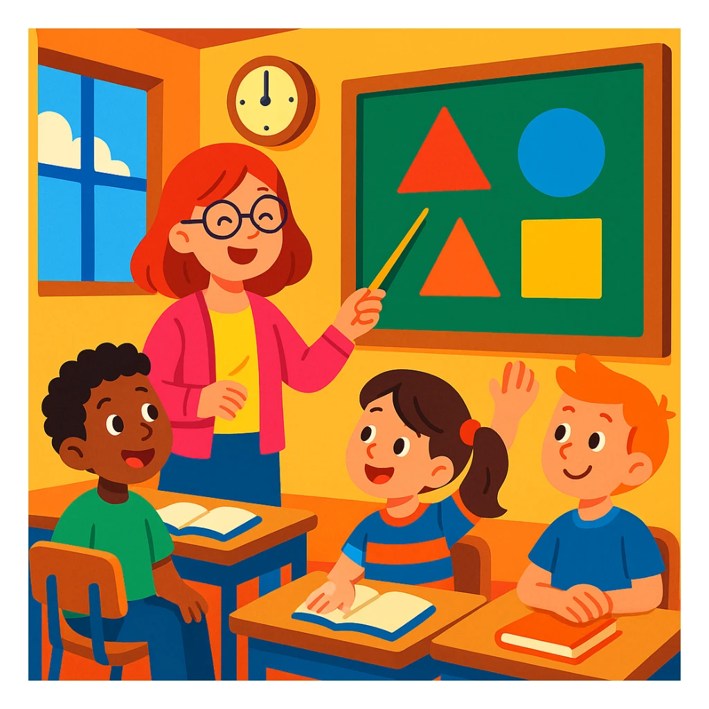 students in classroom, teacher explaining geometric shapes, colorful, cheerful, cartoon style sticker