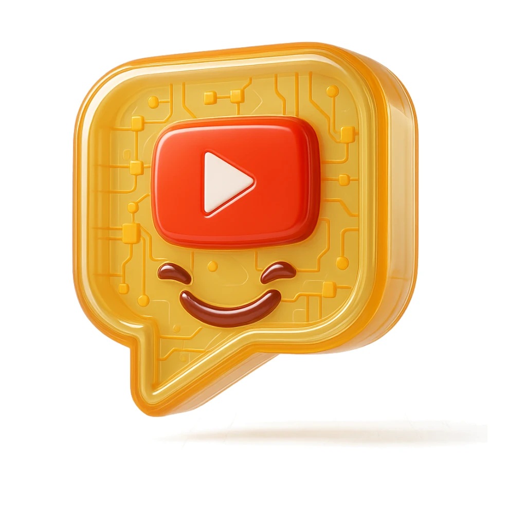 speech bubble with a playful sarcastic grin, red YouTube play button, glossy circuit style sticker
