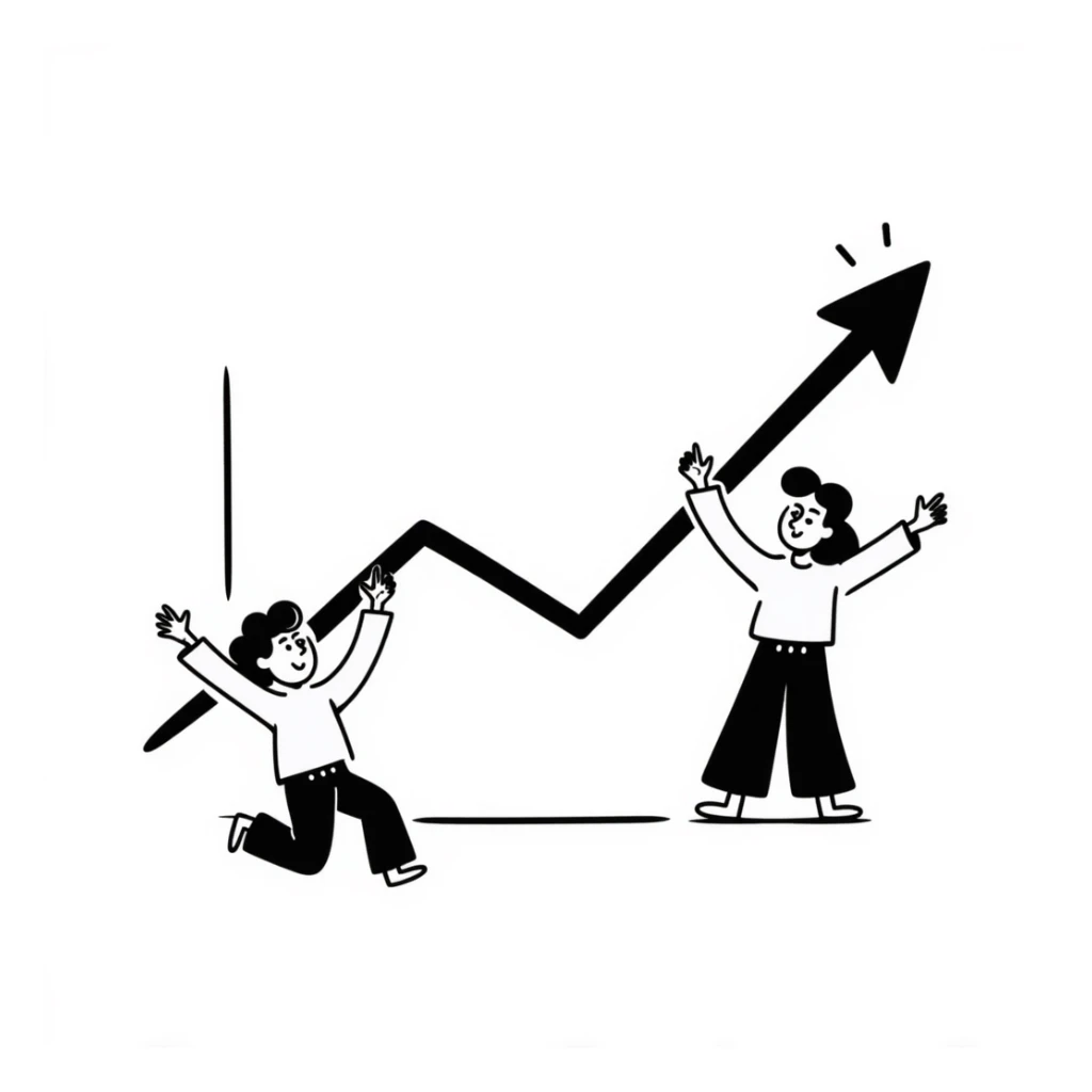 Hand-drawn sports participation graph trending upward with excited figures sticker