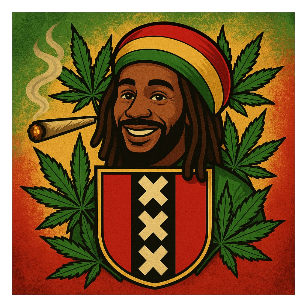 Create a digital illustration of a Rasta man with a friendly expression, wearing a red, gold, and green tam (Rastafarian hat), with dark brown skin and dreadlocks. Place him inside a bold, stylized Amsterdam coat of arms flag. The flag should have red, black, and gold tones with three white Xs in a vertical black stripe in the center. Surround the coat of arms with vibrant green cannabis leaves, a smoking spliff with rising smoke on the left side, and a textured reggae-colored background blending green, gold, and red. The style should be vintage, bold, and clean — like a high-quality reggae poster with modern emoji art flair. sticker