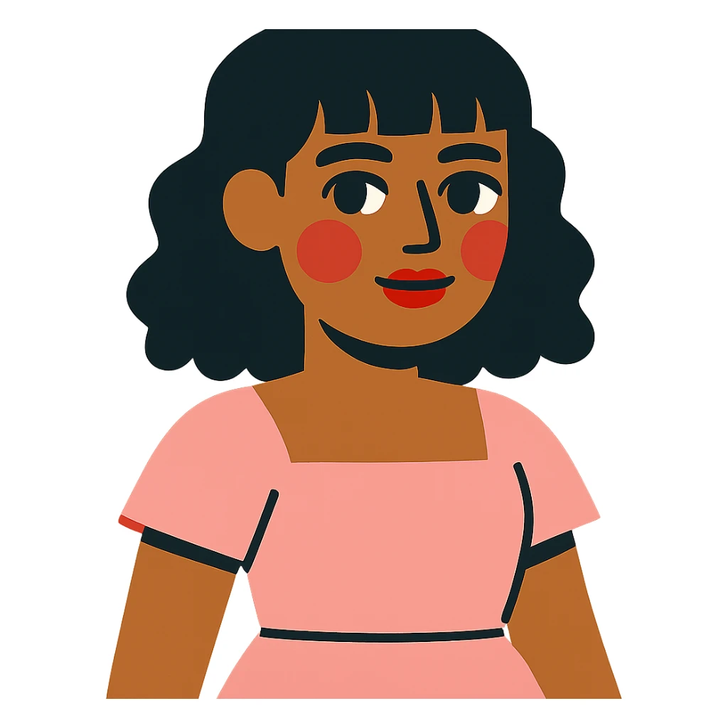 personagem de pele parda, cabelos cacheados pretos de comprimento médio com franja, olhos castanhos, maquiagem de boneca, vestido rosa claro sticker