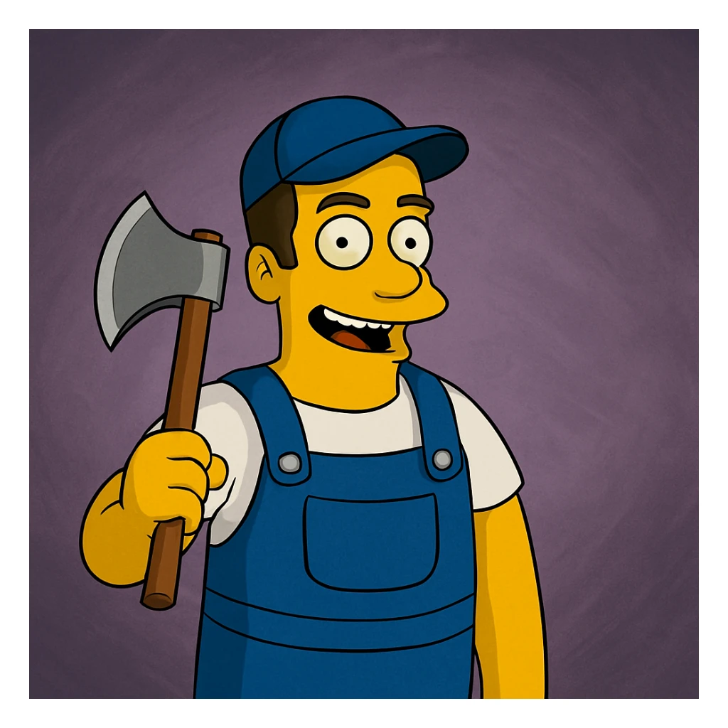 Regenerate the image keeping the same angle, facial expression, clothing, size and shape proportions, but replace the wrench in the right hand with a medieval axe. Maintain the style and color scheme as in the original image. sticker