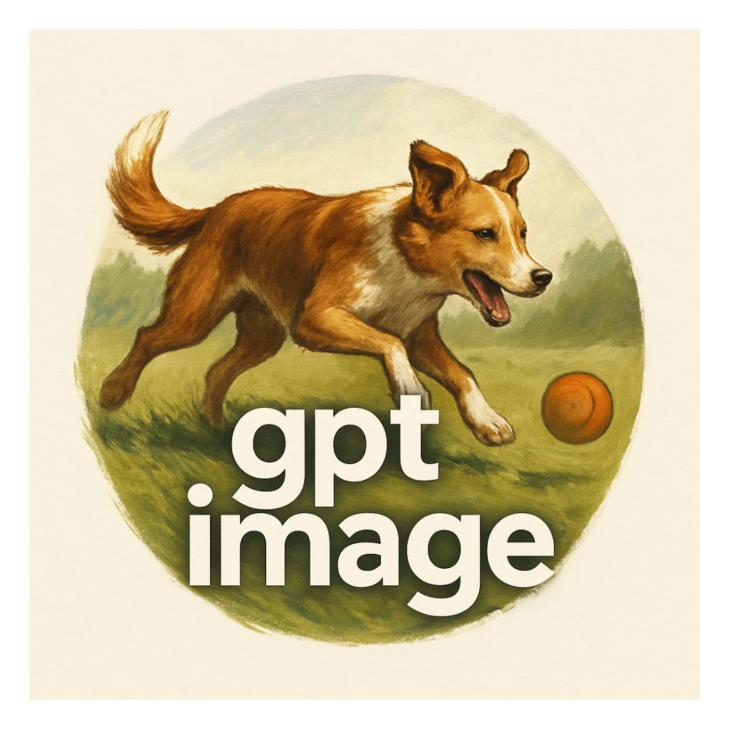  logo with text "gpt image" on the background of a dog chasing ball, realistic image sticker