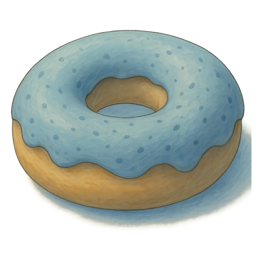 A donut in Ghibli style, detailed, with soft blue colors, no background. sticker