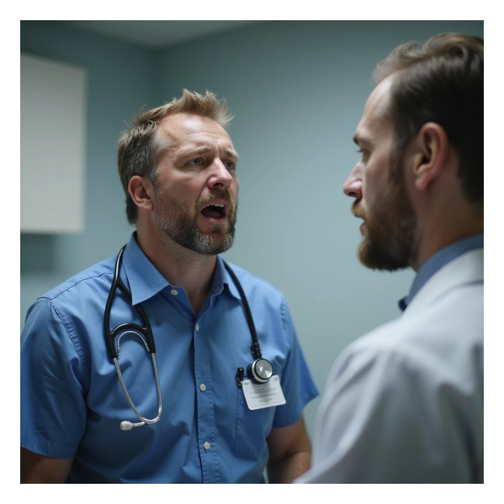 Hyperrealistic 4K image of a man complaining in front of a doctor, exaggerated and unbelievable expression, doctor with skeptical look, clinical environment, highly detailed. sticker