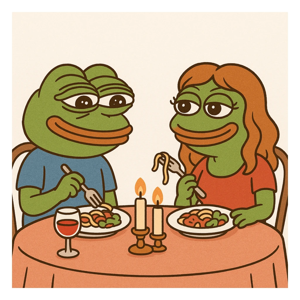 create a pepe on couple dinners, white background sticker