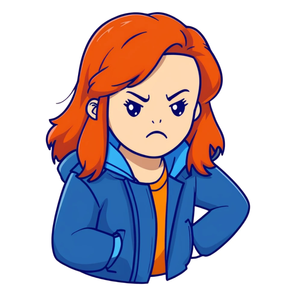 Redhead girl with long hair in blue jacket looking angry sticker