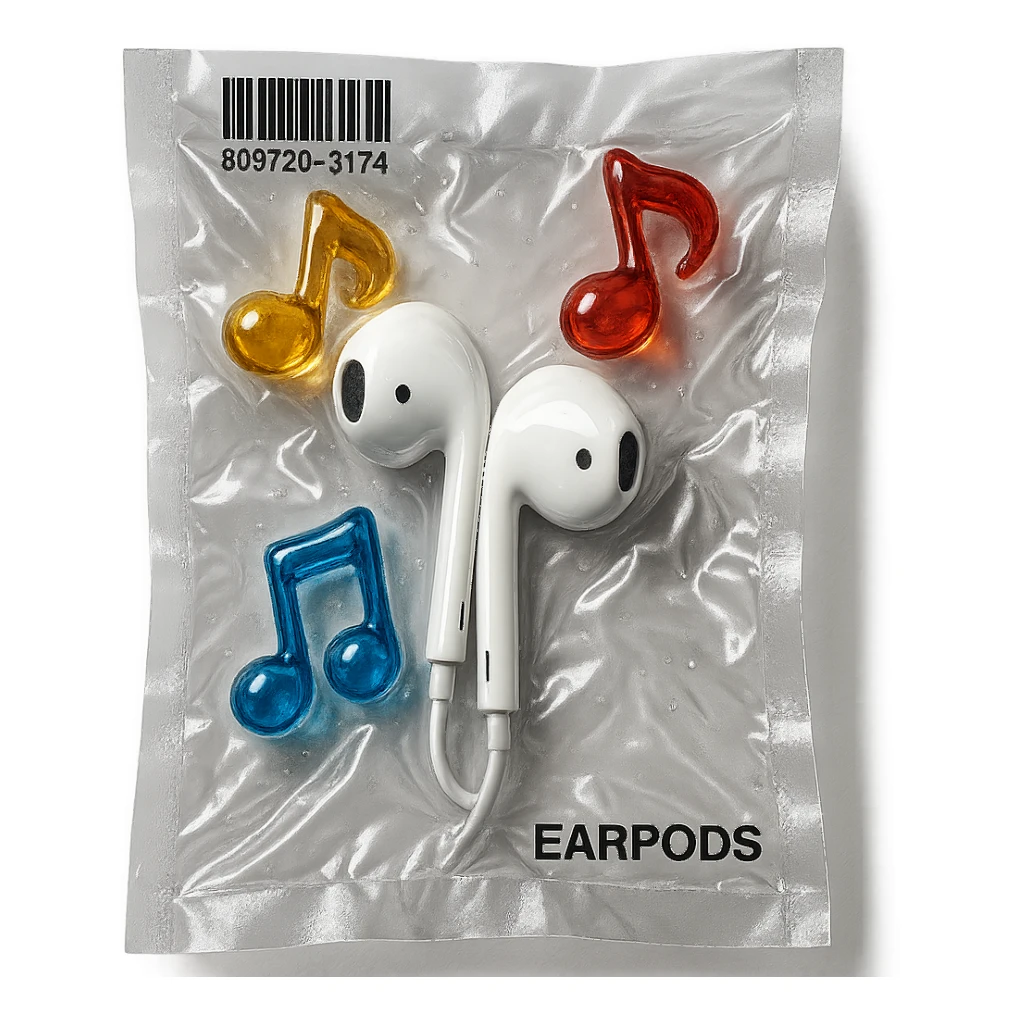 white EarPods headphones surrounded by exactly three small colorful glass music notes, glossy and puffy sticker