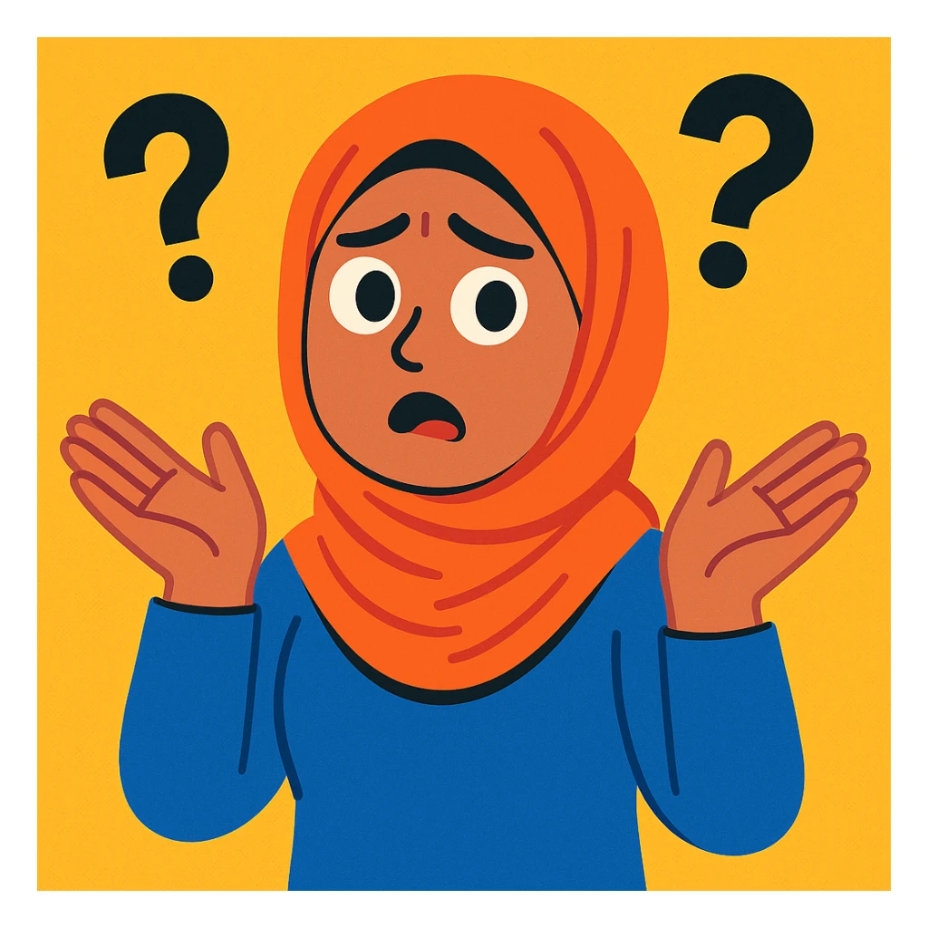 a girl wearing a hijab looking confused, with question marks '??' floating around her, expressive face, modern illustration, colorful and friendly sticker