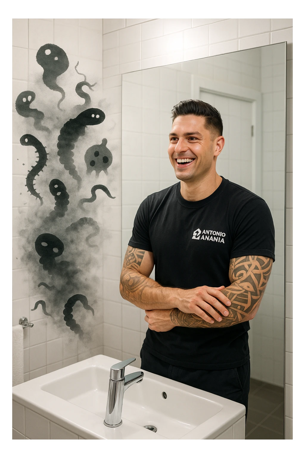 a man stands in a brightly lit bathroom, looking relieved and revitalized as he examines his reflection in the mirror. In the foreground, stylized, shadowy images of parasites (such as worms or protozoa) are shown leaving his body, dissolving into mist or fading away. His posture is upright and his expression is one of newfound energy and health. sticker