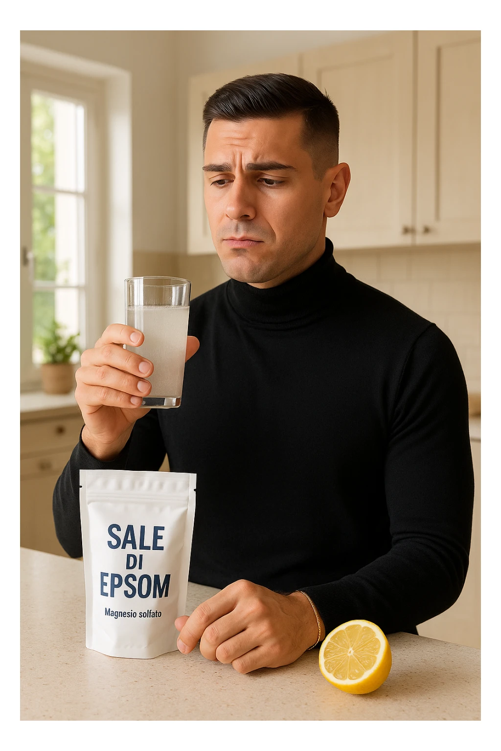 A realistic, bright photo-style image of a young man in his 30s standing in his kitchen, holding a clear glass filled with water in which Epsom salt (magnesium sulfate) has been dissolved. He looks focused but slightly uncertain as he prepares to drink it for a liver flush or digestive cleanse. The glass shows slight cloudiness from the dissolved salt. On the counter are a packet labeled 'Sale di Epsom' and a sliced lemon, suggesting he might use it to mask the taste. The setting is clean, natural, and bright with neutral tones. The background shows sunlight streaming through a window, emphasizing a clean, minimalist health-focused environment. The mood conveys a realistic, calm moment of self-care with a hint of discomfort, illustrating a natural detox practice in italiano sticker