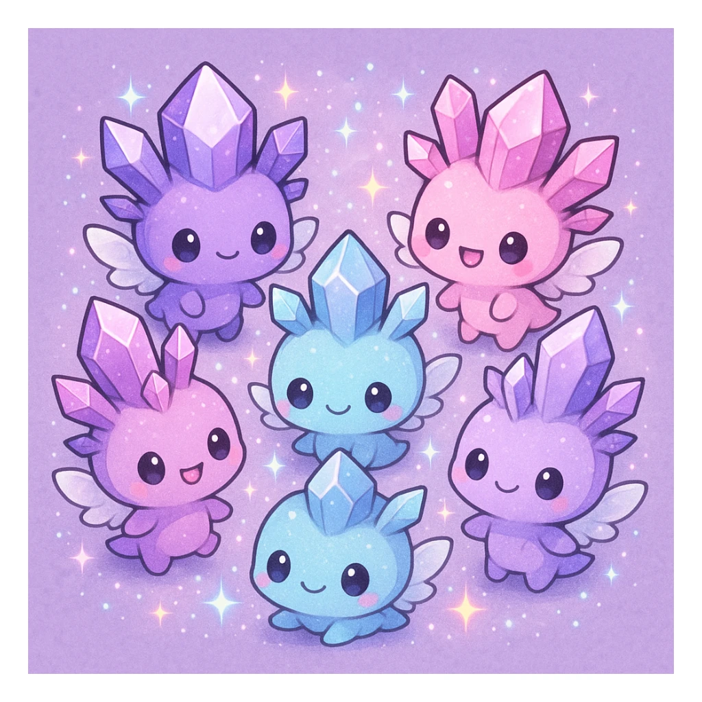 kawaii chibi style group of crystal sprite creatures in purple, blue, and pink, with tiny magical wings, gathered in a circle, sparkling magical effects, cute and whimsical sticker