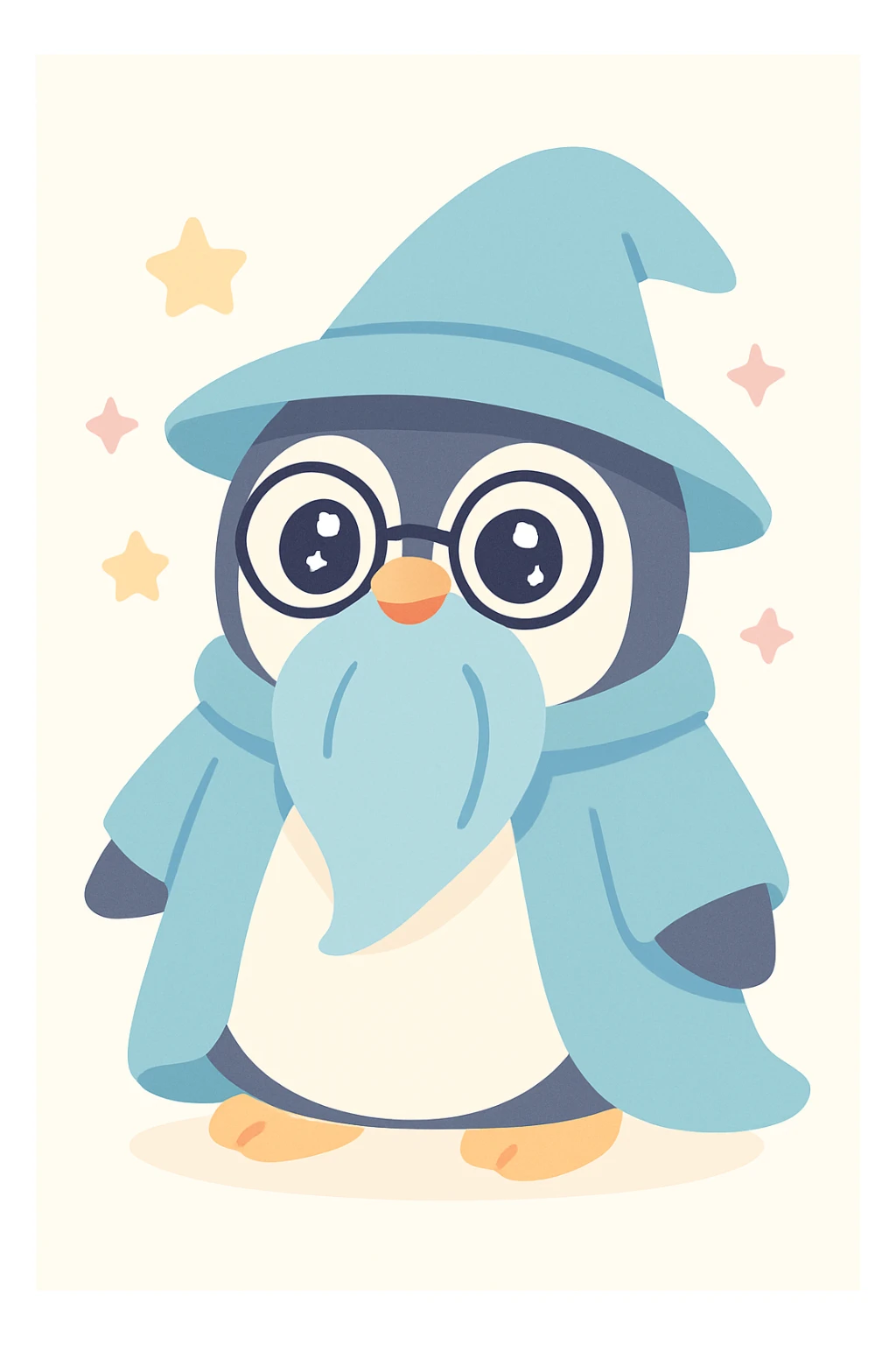 a chubby penguin wizard with glasses, a long beard, and a blue cloak, in a fantasy illustration style sticker