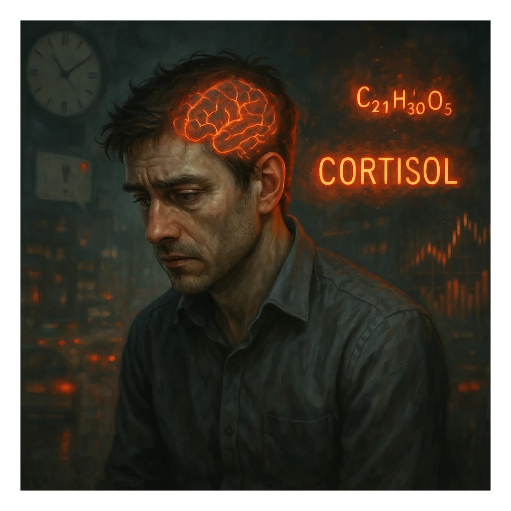 semi-realistic, symbolic surrealism, moody lighting; man in his 30s with visible signs of chronic stress: tired eyes, tense muscles, slightly hunched posture; glowing floating symbols for 'Cortisol' (chemical formula or word) with reddish-orange aura; chaotic blurred background with clocks, notifications, city traffic, financial charts; brain subtly visible with neural activity in red and orange, symbolizing hormonal overload; detailed facial expression sticker