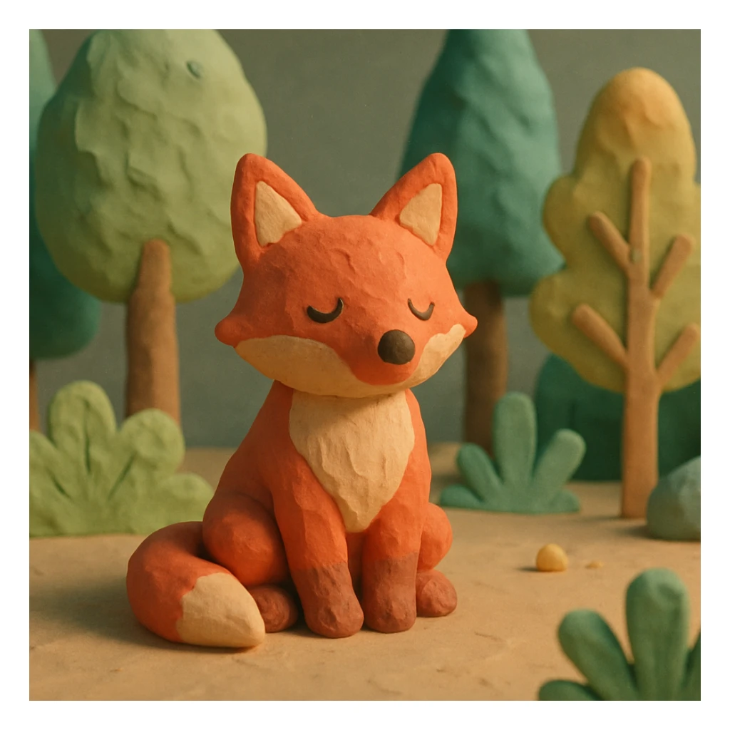 fox sitting in a forest, pastel colors, visible fingerprints, playful and textured, claymation style sticker