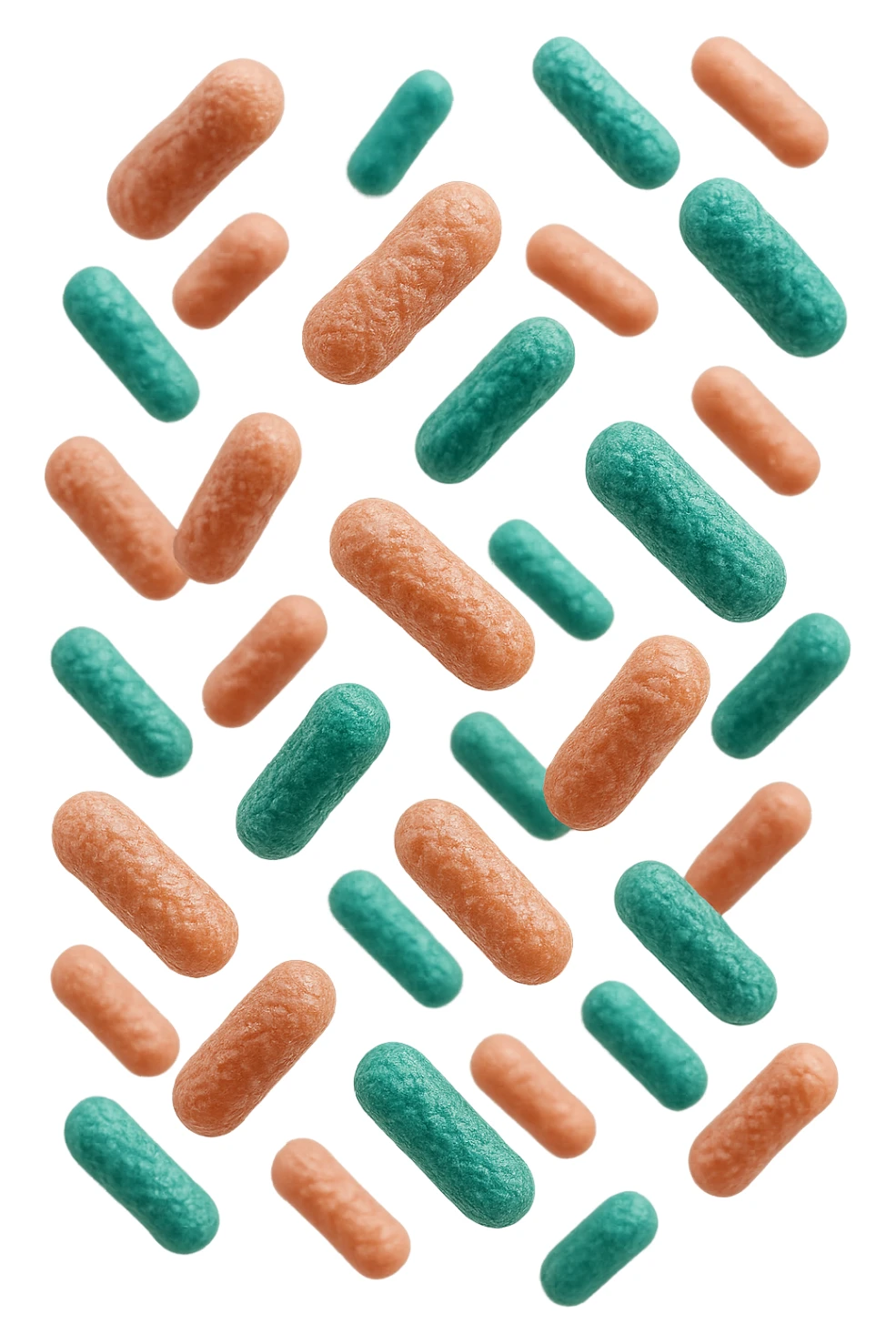 batteri intestinali rosa salmone e turchesi fluttuano in aria, iperrealistici 4k sticker