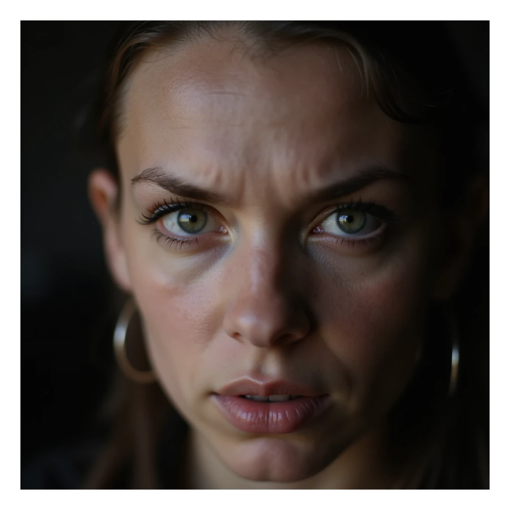 realistic face with narrowed eyes and pursed lips looking suspicious, photorealistic style sticker