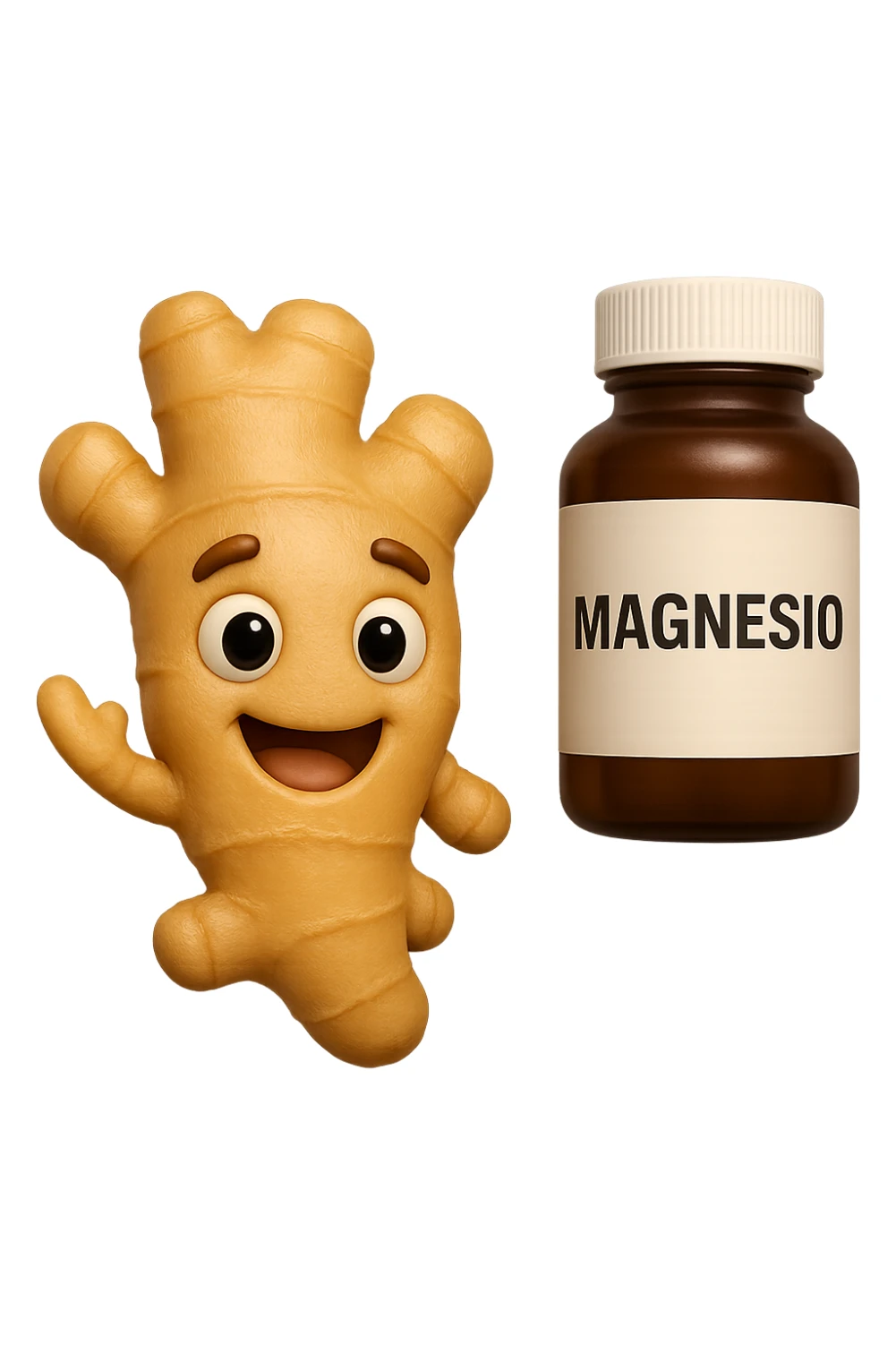 emoji stile iphone 3d di un pezzetto di zenzero e una boccetta di magnesio con la scritta "MAGNESIO" SULL'ETICHETTA CHE FLUTTUANO IN ARIA, iperrealistico 4k sticker