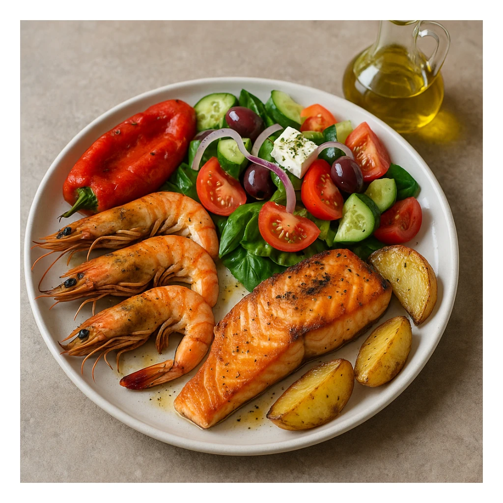 realistic Mediterranean meal plate with seafood, vegetables, and olive oil, vibrant colors sticker