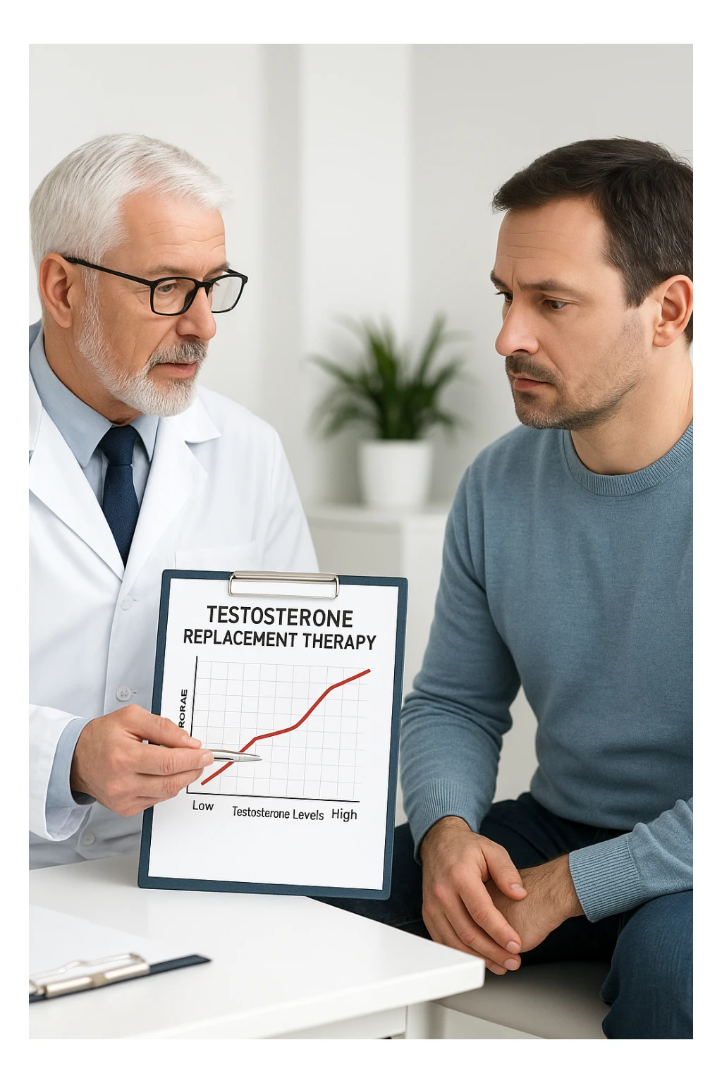 a man in his 40s sits in a doctor’s office, listening attentively as a physician explains TRT (Testosterone Replacement Therapy). The doctor holds a prescription pad and points to an educational chart showing testosterone levels. The mood is professional and informative, with a clean, clinical background. in italiano sticker