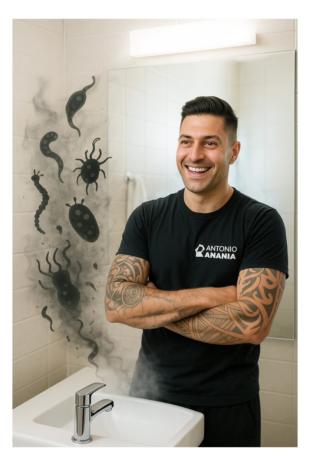 a man stands in a brightly lit bathroom, looking relieved and revitalized as he examines his reflection in the mirror. In the foreground, stylized, shadowy images of parasites (such as worms or protozoa) are shown leaving his body, dissolving into mist or fading away. His posture is upright and his expression is one of newfound energy and health. sticker