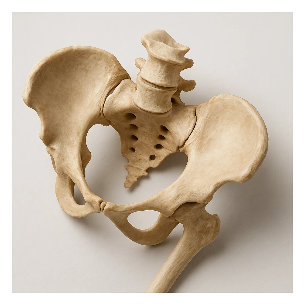 realistic human pelvis tilted, 4K image, anatomical details, evident tilt, top view, clinical atmosphere, light background sticker