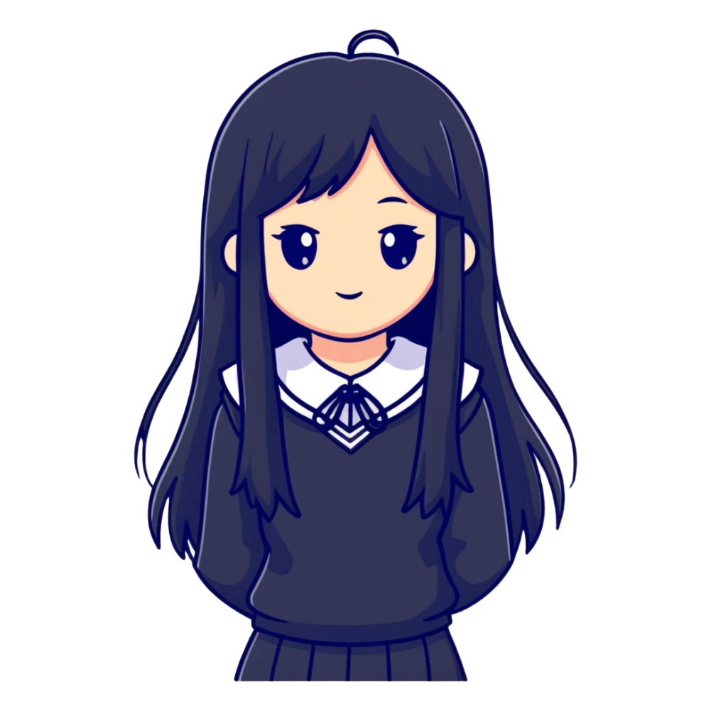 Happy Japanese schoolgirl with long black hair and blushing face sticker