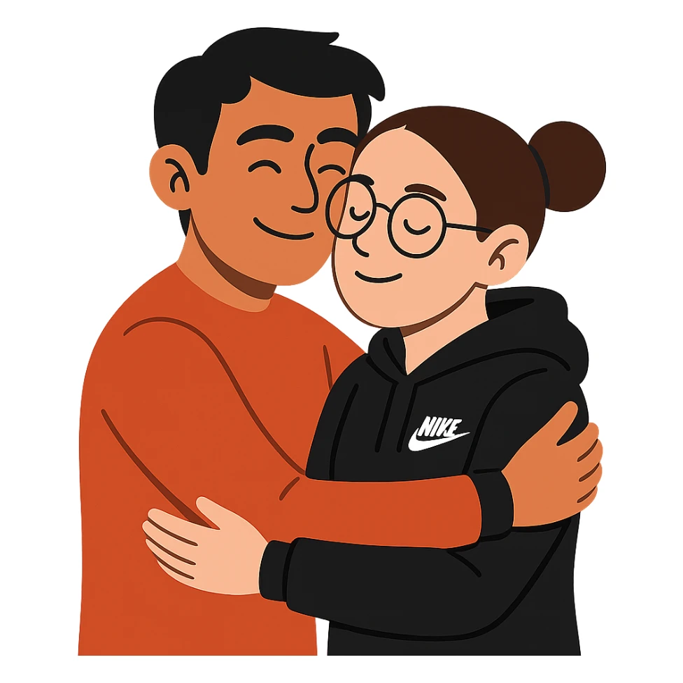 flat toon style hispanic man with black hair hugging a light-skinned woman in a black Nike hoodie, woman has one bun in the back and thin black glasses sticker