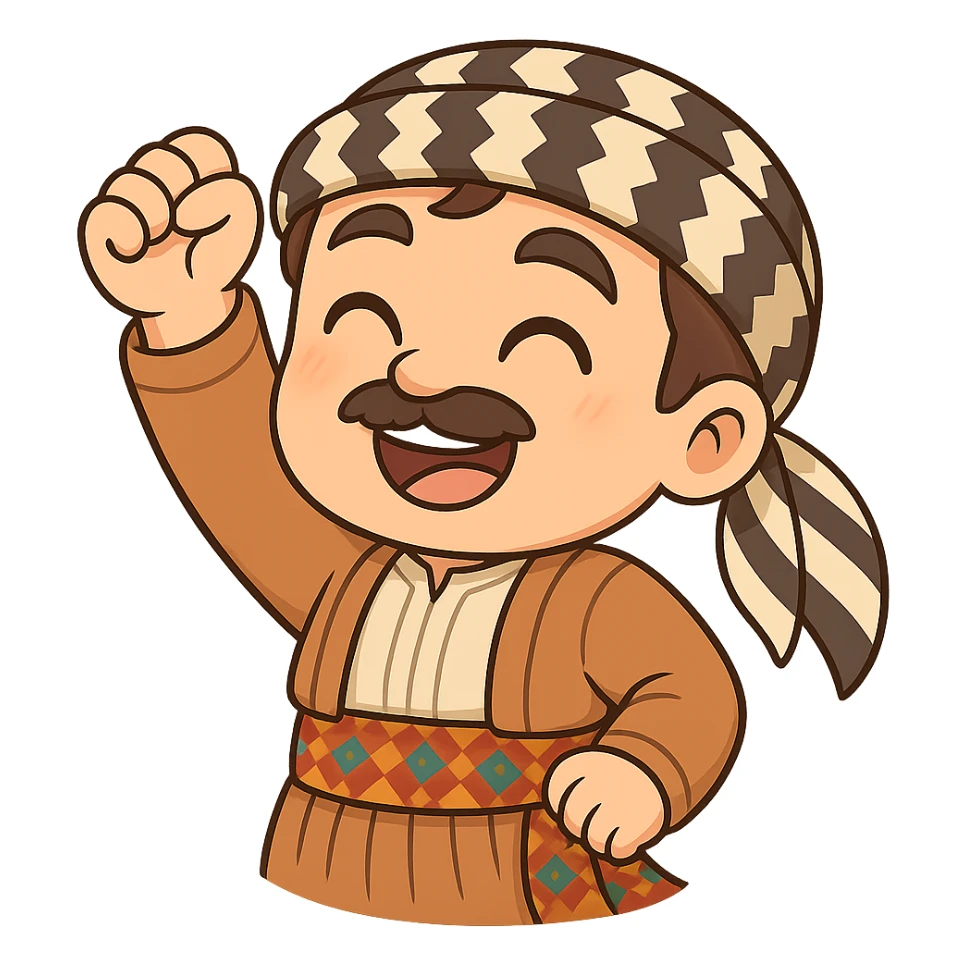 Create a chibi Kurdish cartoon sticker based on the reference image, showing a victorious (success/achievement) expression. sticker