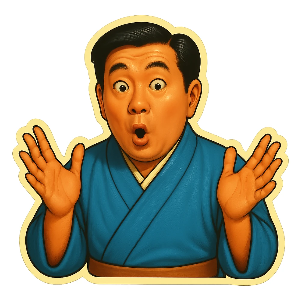 The same Japanese man in traditional kimono looks at the viewer with a surprised look, and his hands are empty sticker